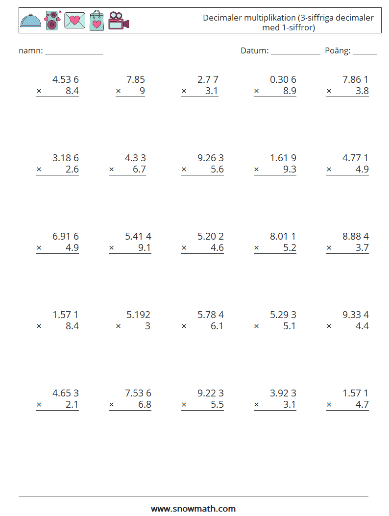(25) Decimaler multiplikation (3-siffriga decimaler med 1-siffror) Matematiska arbetsblad 11