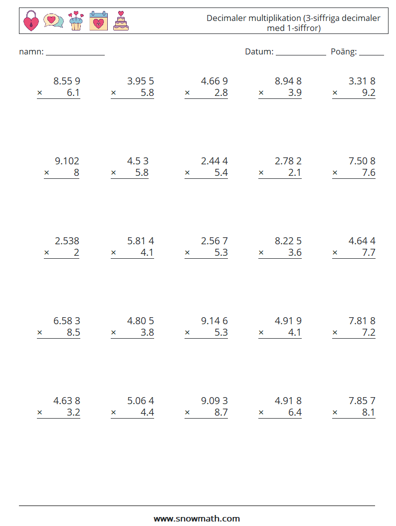 (25) Decimaler multiplikation (3-siffriga decimaler med 1-siffror) Matematiska arbetsblad 12