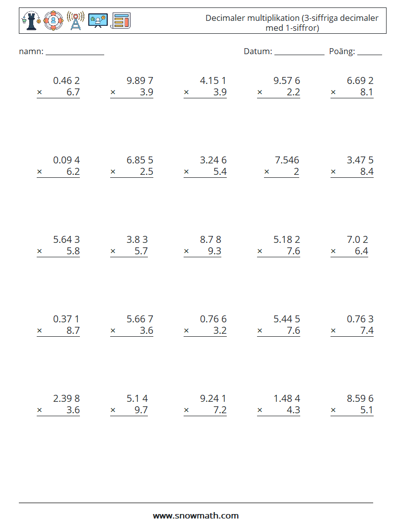(25) Decimaler multiplikation (3-siffriga decimaler med 1-siffror) Matematiska arbetsblad 13