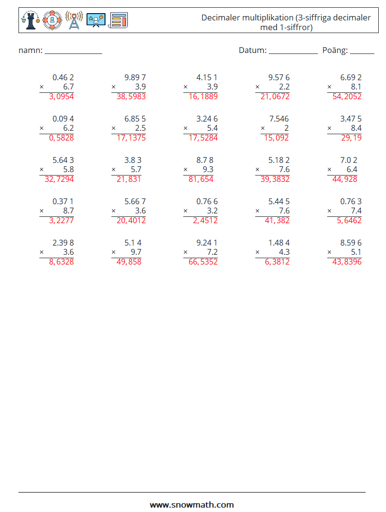 (25) Decimaler multiplikation (3-siffriga decimaler med 1-siffror) Matematiska arbetsblad 13 Fråga, svar