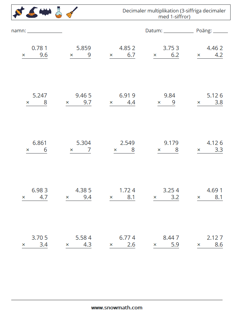 (25) Decimaler multiplikation (3-siffriga decimaler med 1-siffror) Matematiska arbetsblad 17