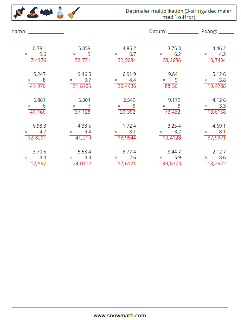 (25) Decimaler multiplikation (3-siffriga decimaler med 1-siffror) Matematiska arbetsblad 17 Fråga, svar