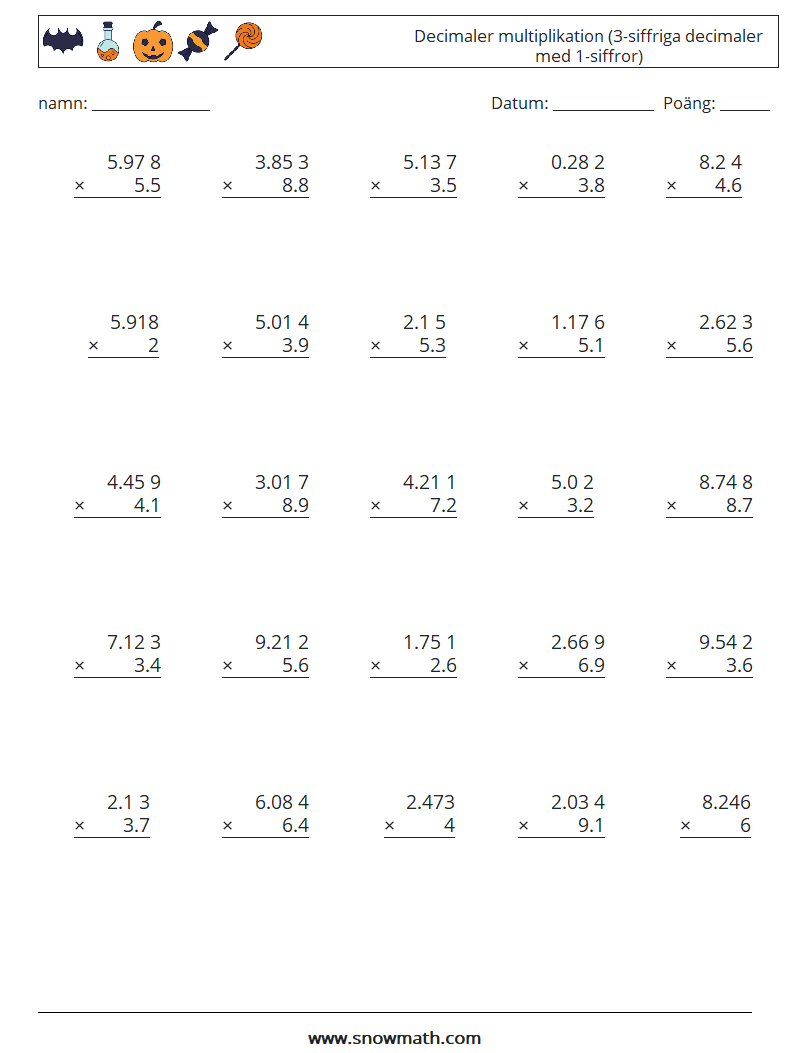 (25) Decimaler multiplikation (3-siffriga decimaler med 1-siffror) Matematiska arbetsblad 18