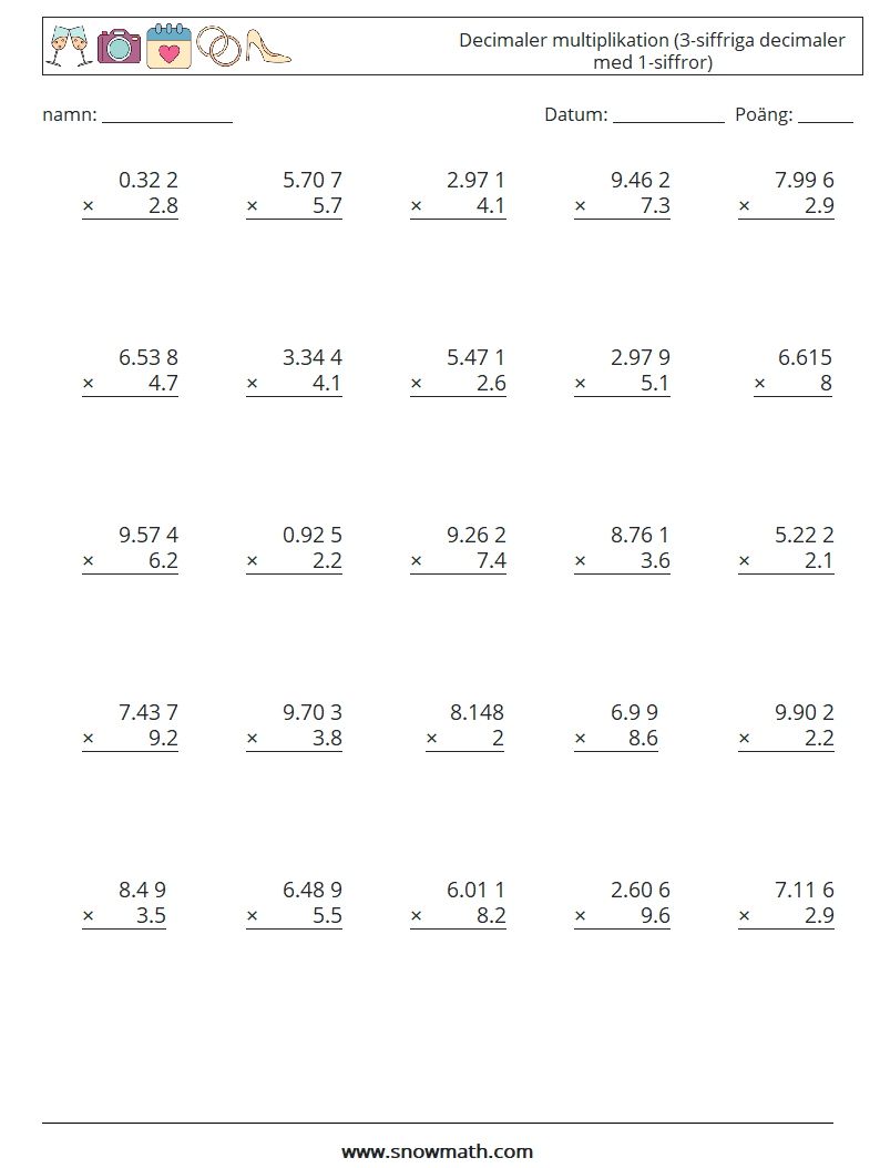 (25) Decimaler multiplikation (3-siffriga decimaler med 1-siffror) Matematiska arbetsblad 7