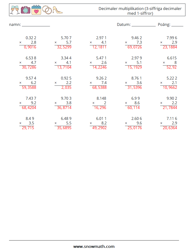 (25) Decimaler multiplikation (3-siffriga decimaler med 1-siffror) Matematiska arbetsblad 7 Fråga, svar