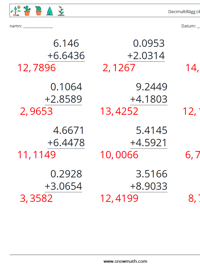 (12) Decimaltillägg (4 siffror) Matematiska arbetsblad 13 Fråga, svar