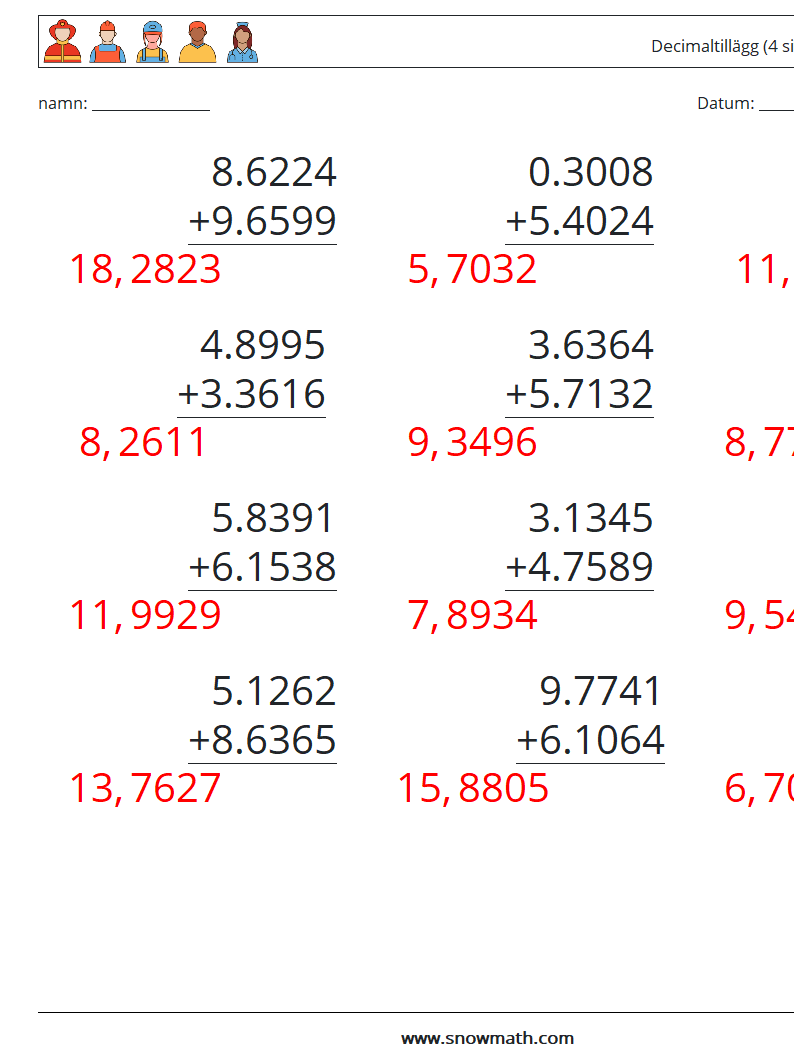 (12) Decimaltillägg (4 siffror) Matematiska arbetsblad 17 Fråga, svar