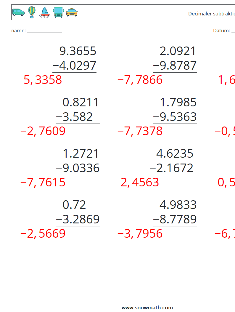 (12) Decimaler subtraktion (4 siffror) Matematiska arbetsblad 11 Fråga, svar