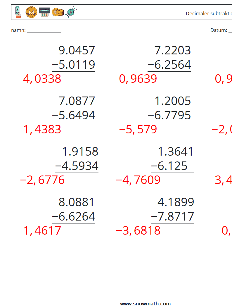 (12) Decimaler subtraktion (4 siffror) Matematiska arbetsblad 12 Fråga, svar