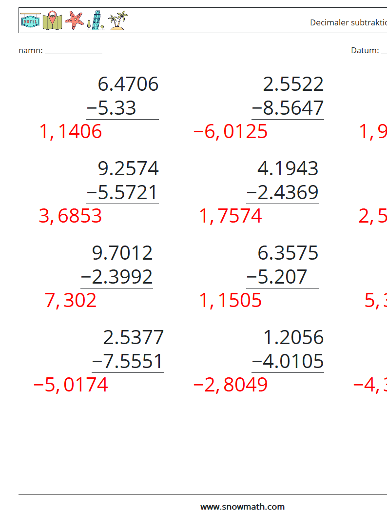 (12) Decimaler subtraktion (4 siffror) Matematiska arbetsblad 15 Fråga, svar