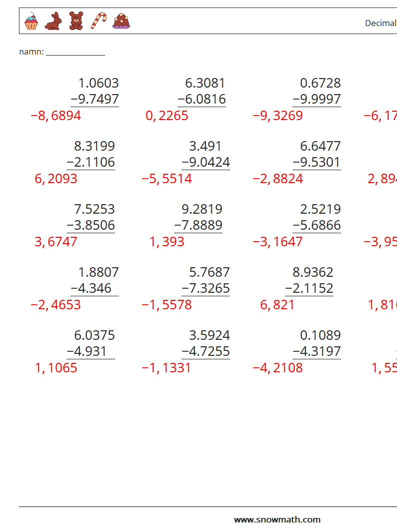 (25) Decimaler subtraktion (4 siffror) Matematiska arbetsblad 10 Fråga, svar