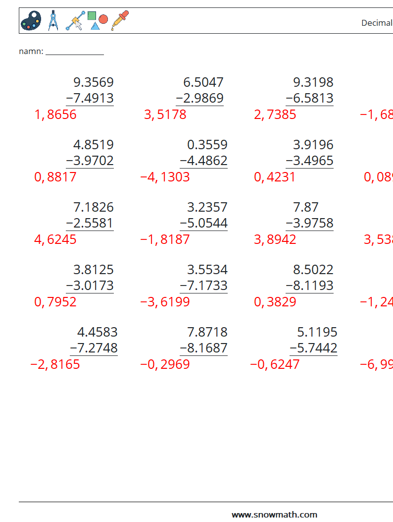 (25) Decimaler subtraktion (4 siffror) Matematiska arbetsblad 11 Fråga, svar