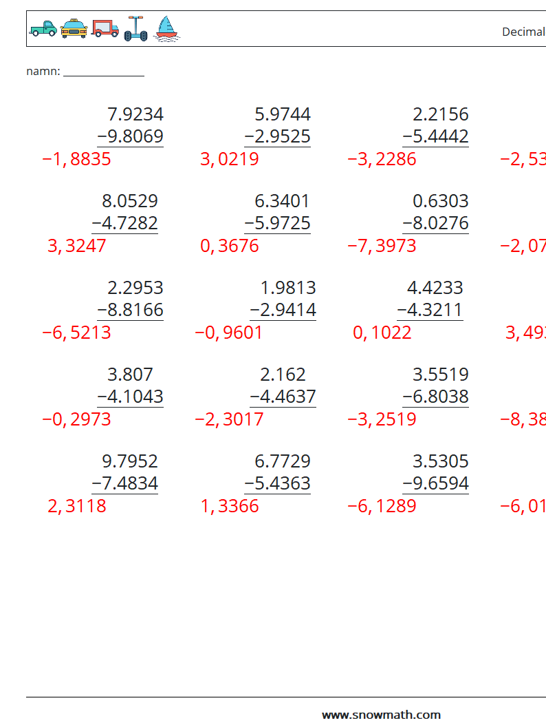 (25) Decimaler subtraktion (4 siffror) Matematiska arbetsblad 13 Fråga, svar