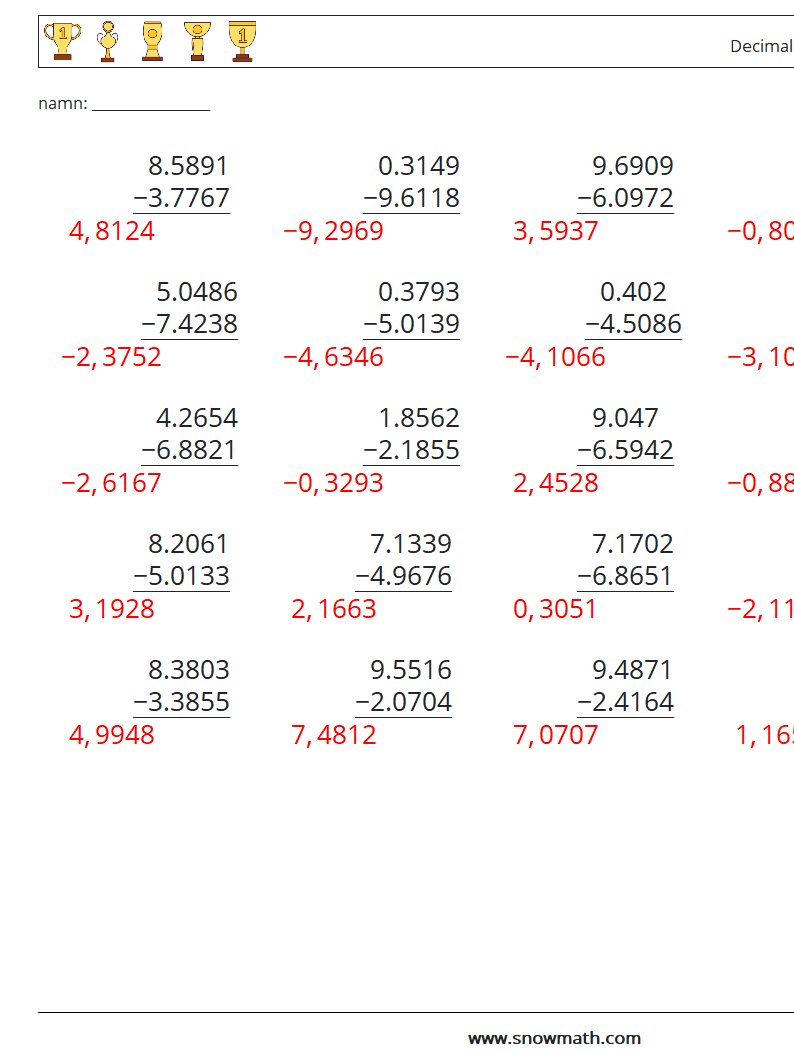 (25) Decimaler subtraktion (4 siffror) Matematiska arbetsblad 16 Fråga, svar