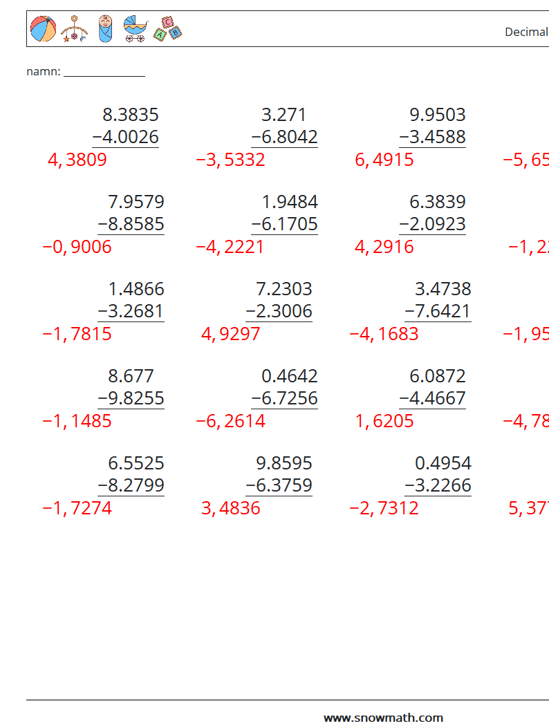 (25) Decimaler subtraktion (4 siffror) Matematiska arbetsblad 17 Fråga, svar