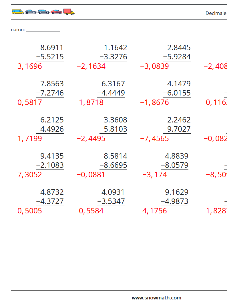 (25) Decimaler subtraktion (4 siffror) Matematiska arbetsblad 18 Fråga, svar