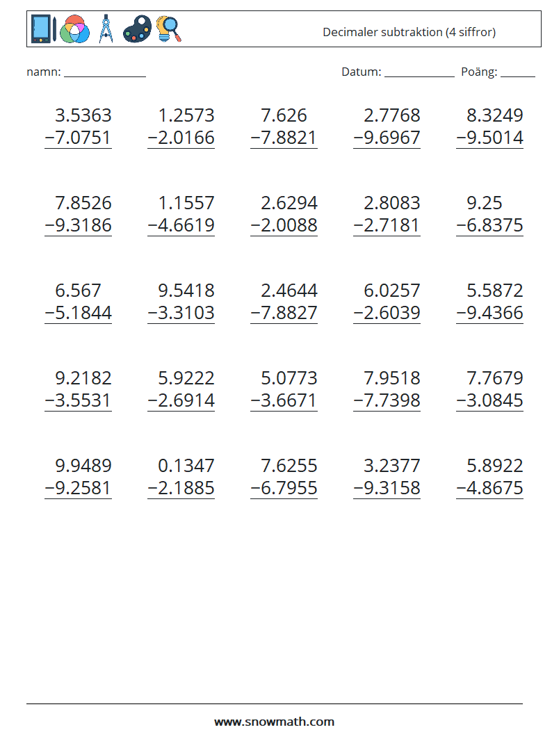 (25) Decimaler subtraktion (4 siffror) Matematiska arbetsblad 2
