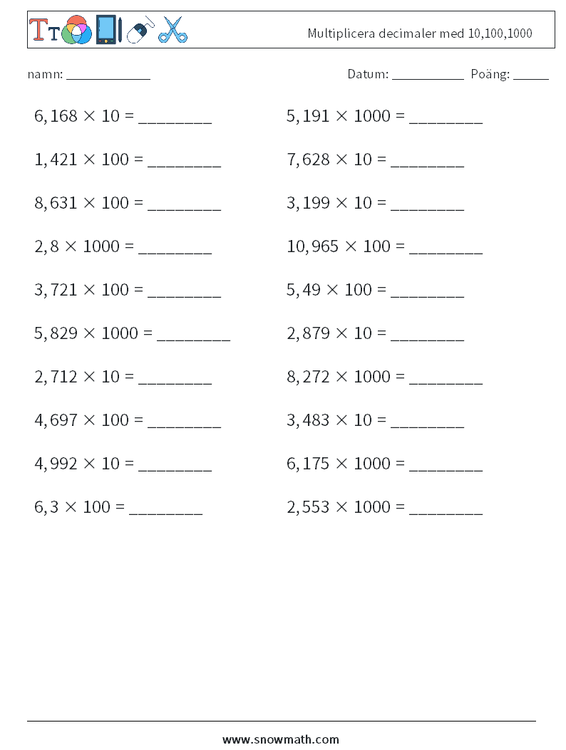 Multiplicera decimaler med 10,100,1000 Matematiska arbetsblad 10