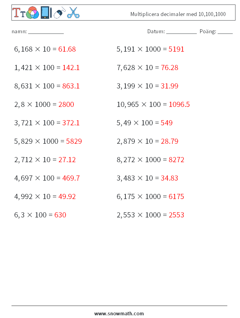 Multiplicera decimaler med 10,100,1000 Matematiska arbetsblad 10 Fråga, svar