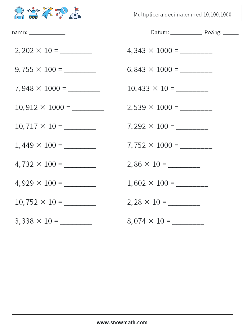 Multiplicera decimaler med 10,100,1000 Matematiska arbetsblad 11