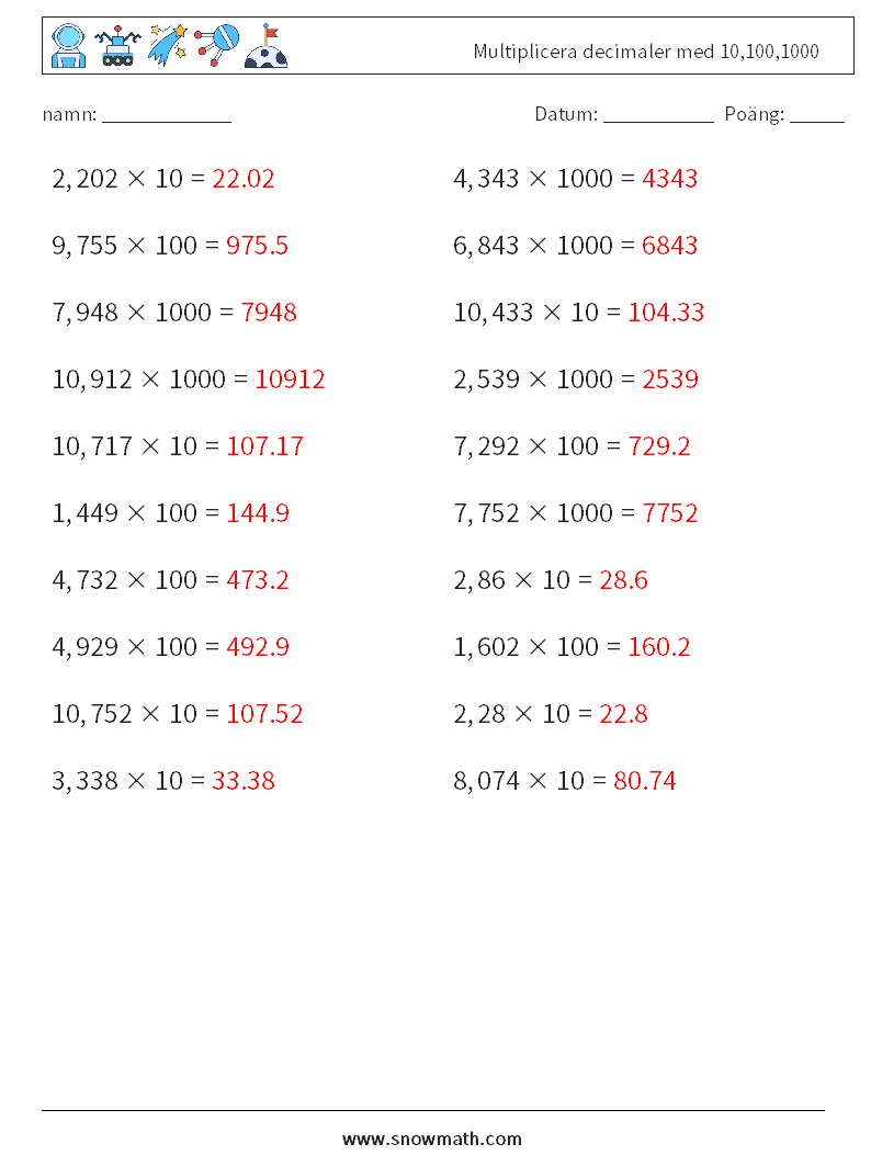 Multiplicera decimaler med 10,100,1000 Matematiska arbetsblad 11 Fråga, svar