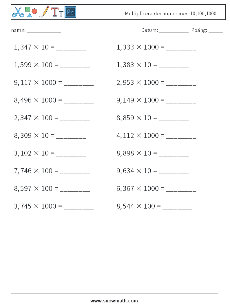 Multiplicera decimaler med 10,100,1000 Matematiska arbetsblad 12