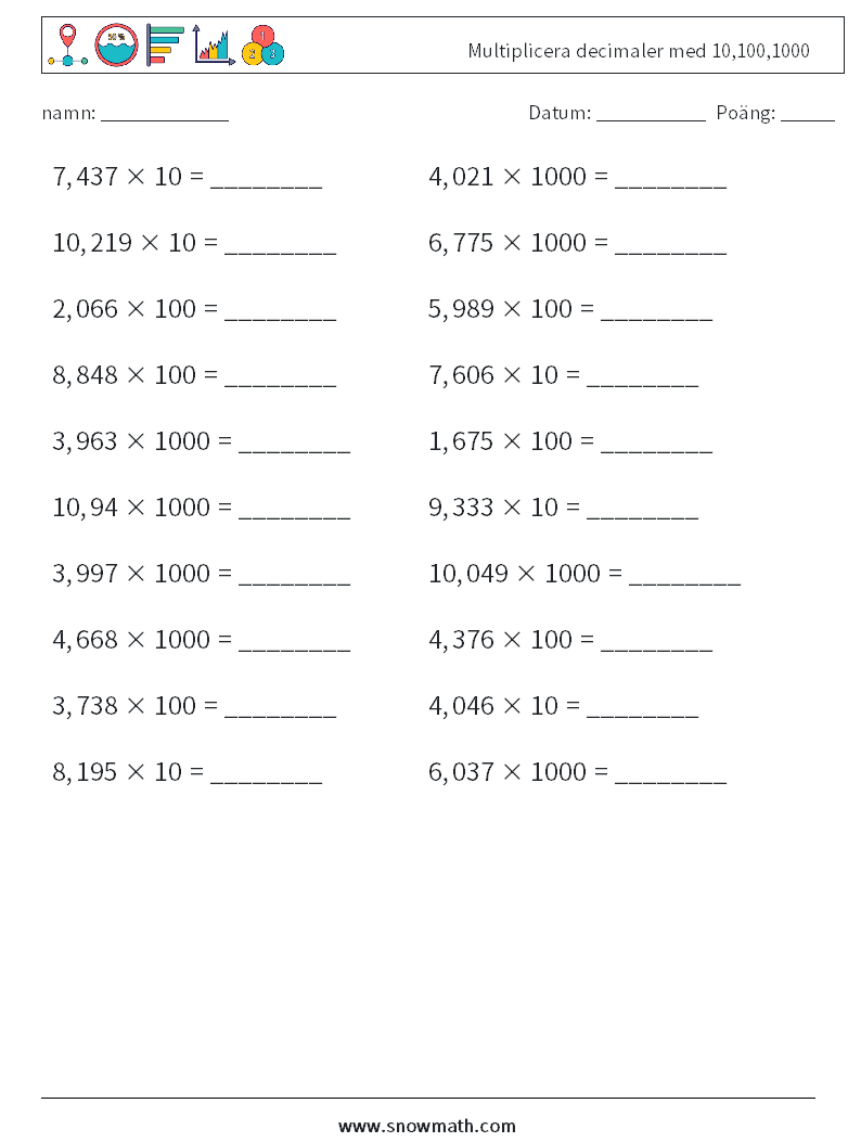 Multiplicera decimaler med 10,100,1000 Matematiska arbetsblad 13