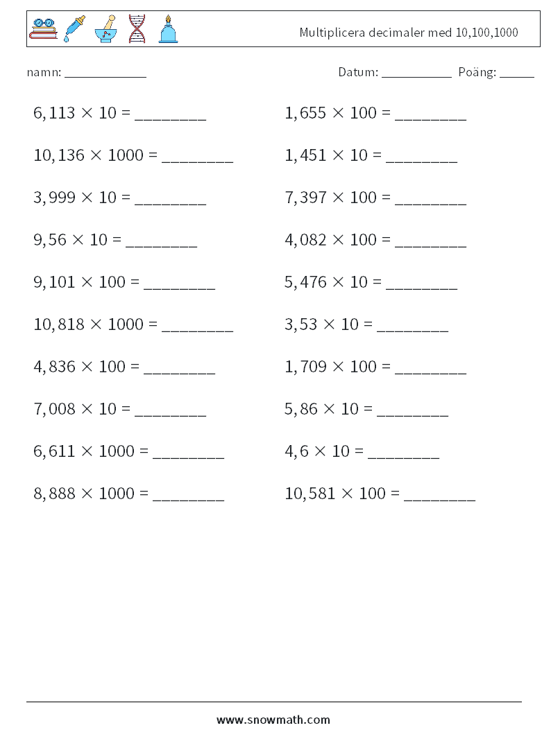 Multiplicera decimaler med 10,100,1000 Matematiska arbetsblad 14