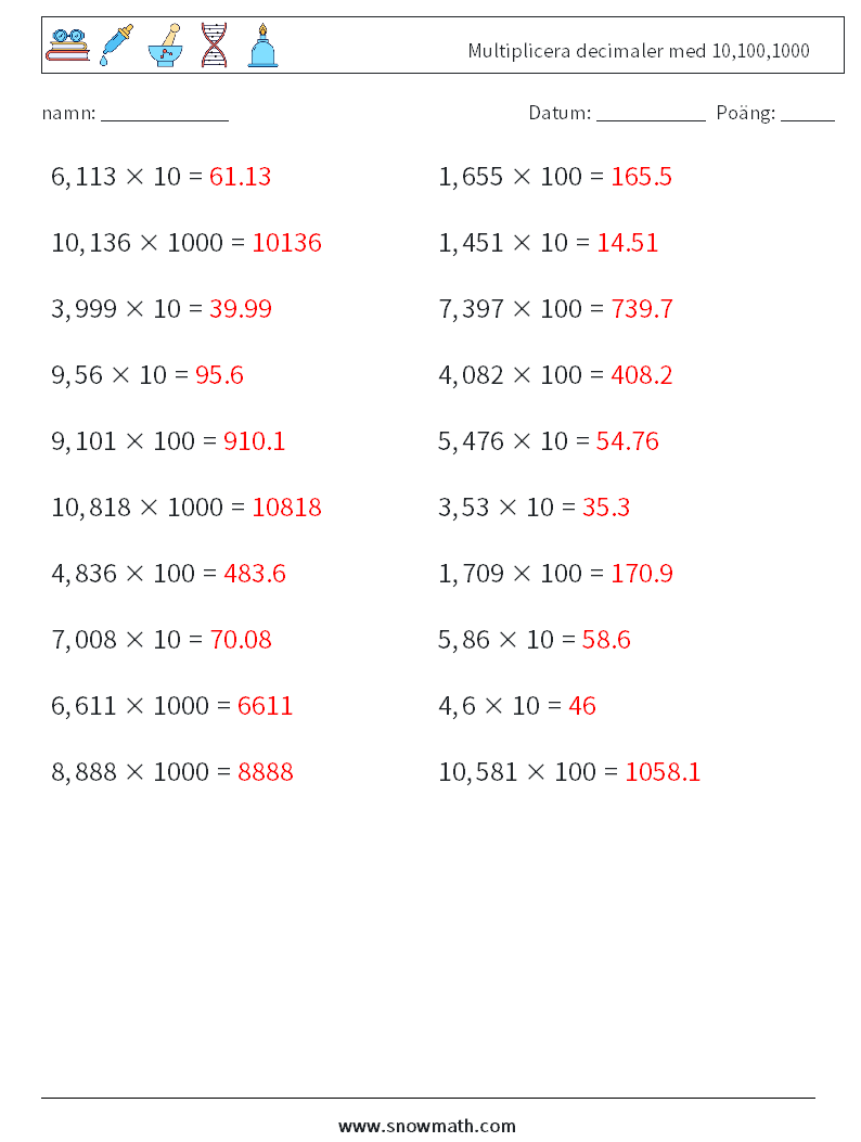 Multiplicera decimaler med 10,100,1000 Matematiska arbetsblad 14 Fråga, svar