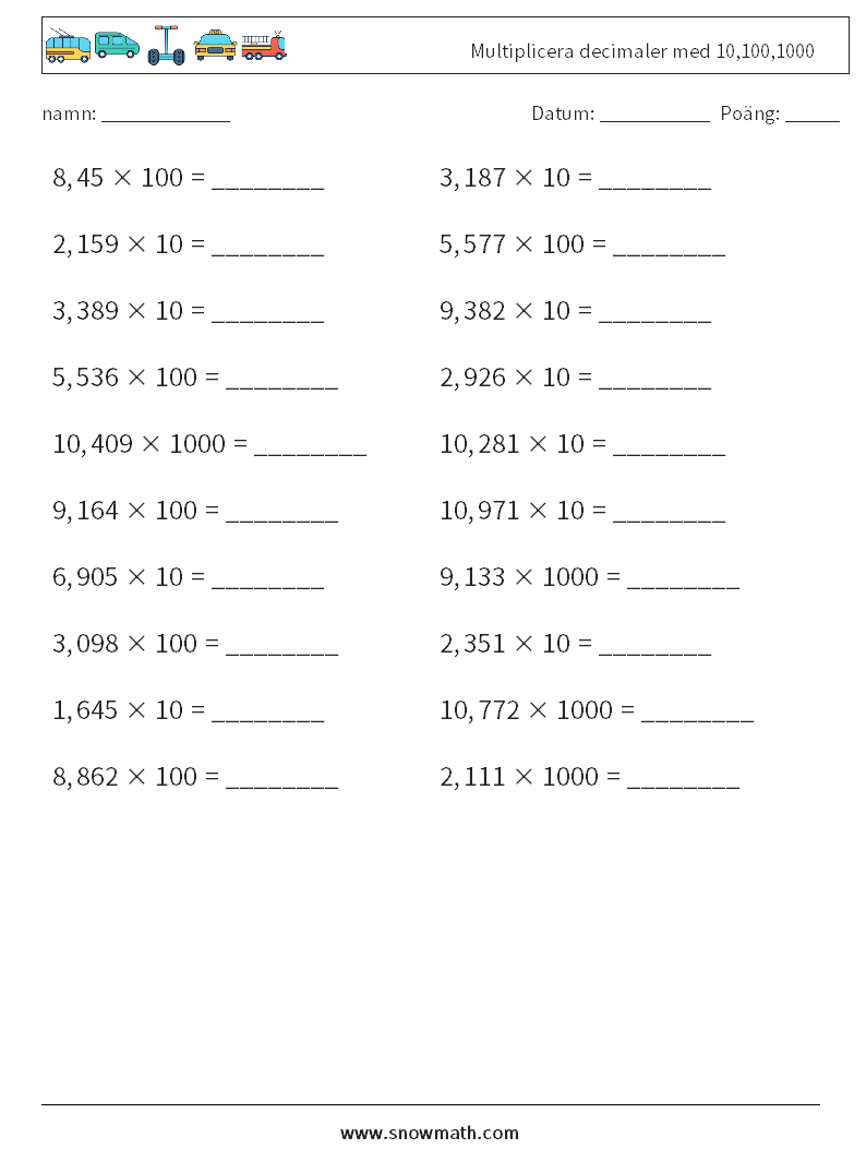 Multiplicera decimaler med 10,100,1000 Matematiska arbetsblad 15