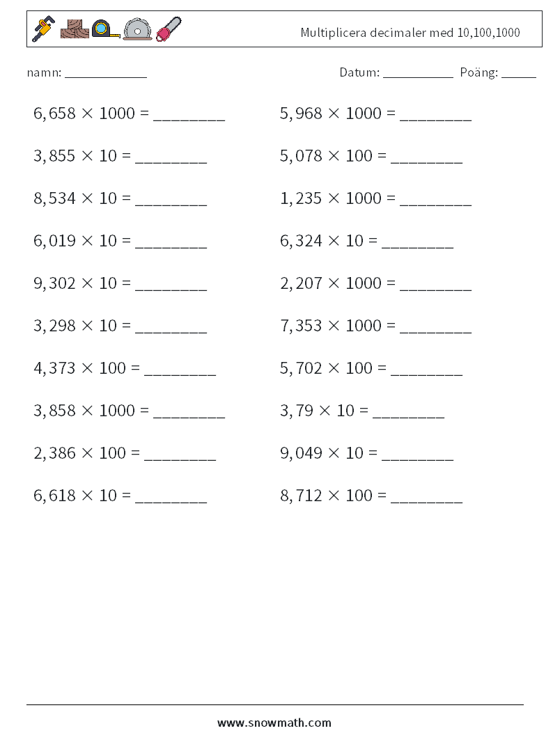 Multiplicera decimaler med 10,100,1000 Matematiska arbetsblad 16