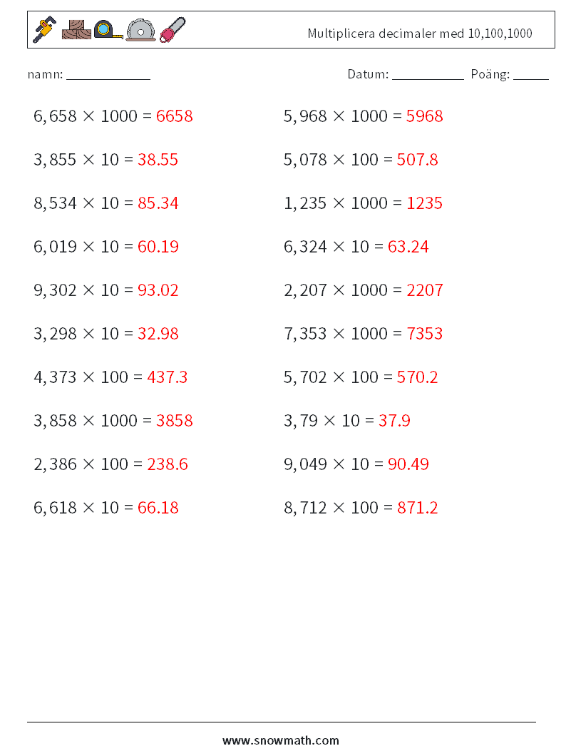 Multiplicera decimaler med 10,100,1000 Matematiska arbetsblad 16 Fråga, svar