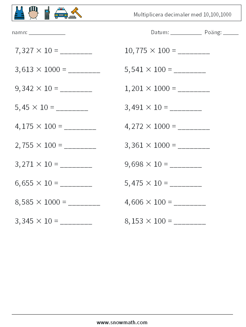 Multiplicera decimaler med 10,100,1000 Matematiska arbetsblad 17