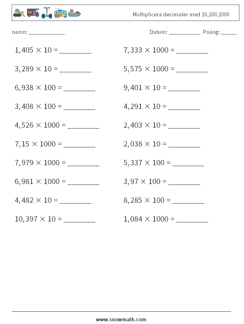 Multiplicera decimaler med 10,100,1000 Matematiska arbetsblad 2