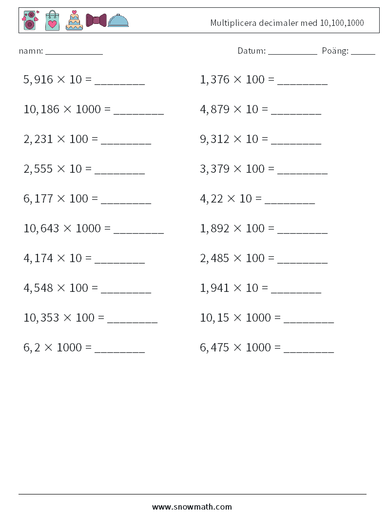 Multiplicera decimaler med 10,100,1000 Matematiska arbetsblad 4