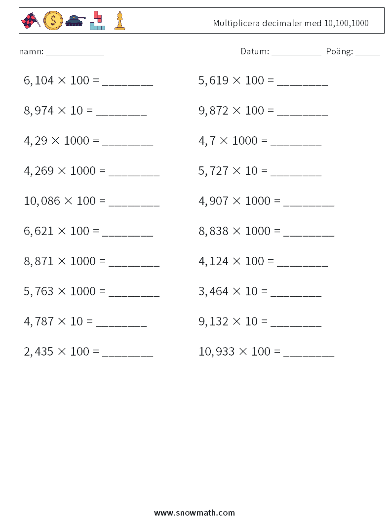 Multiplicera decimaler med 10,100,1000 Matematiska arbetsblad 6