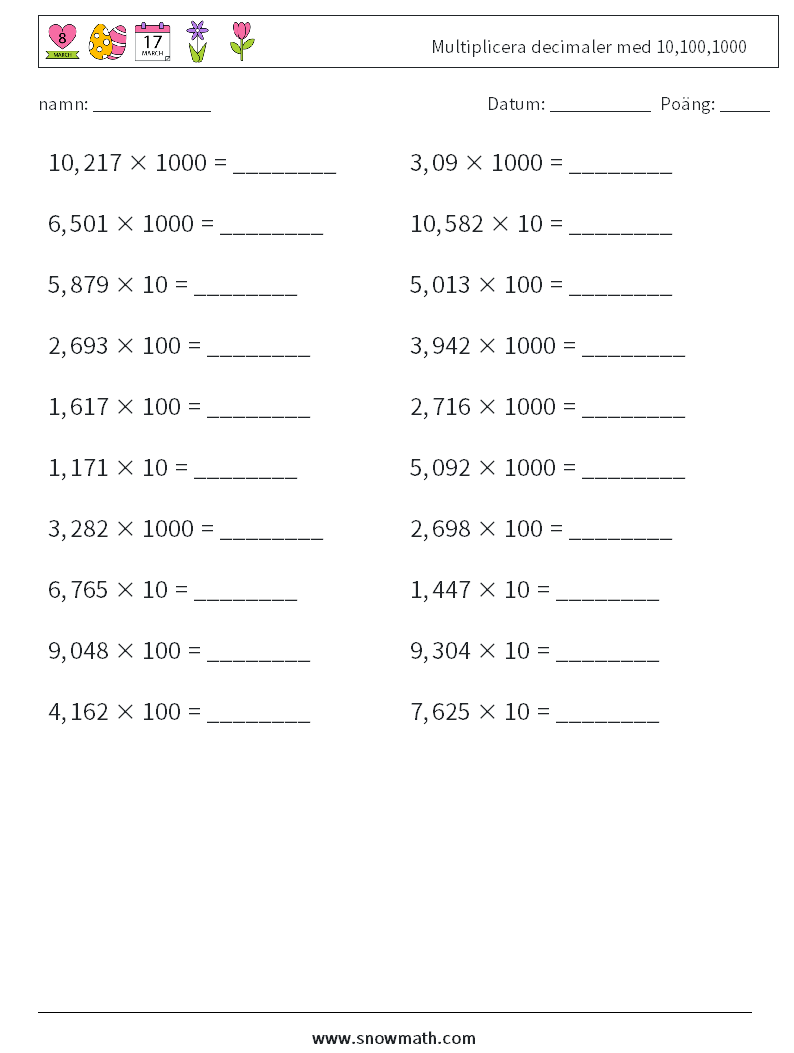 Multiplicera decimaler med 10,100,1000 Matematiska arbetsblad 8