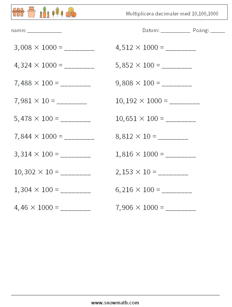 Multiplicera decimaler med 10,100,1000 Matematiska arbetsblad 9
