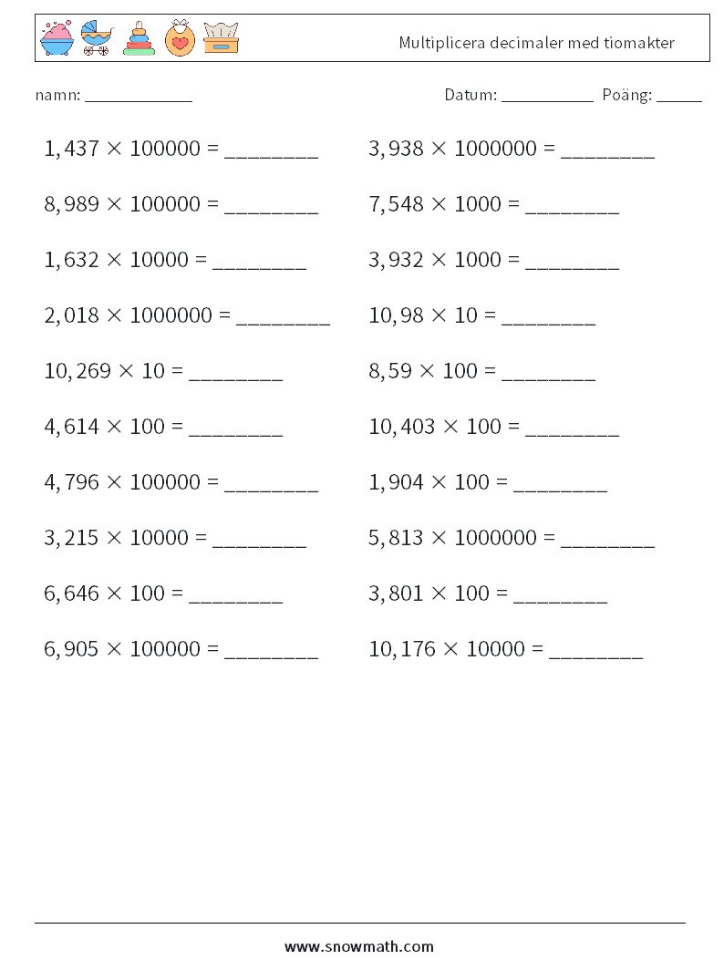 Multiplicera decimaler med tiomakter Matematiska arbetsblad 16