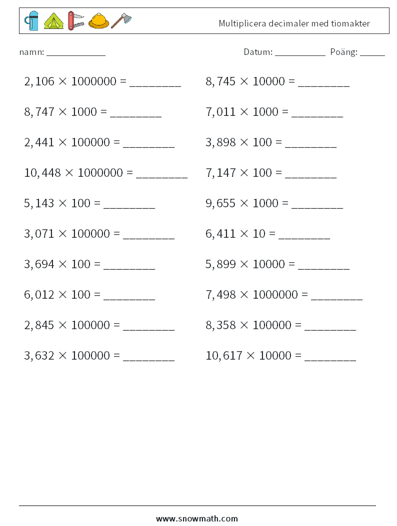 Multiplicera decimaler med tiomakter Matematiska arbetsblad 17