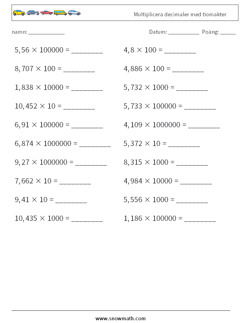 Multiplicera decimaler med tiomakter Matematiska arbetsblad 4