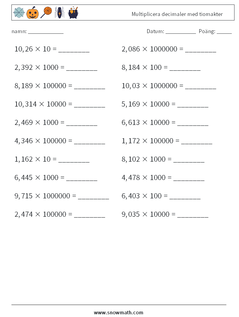 Multiplicera decimaler med tiomakter Matematiska arbetsblad 8