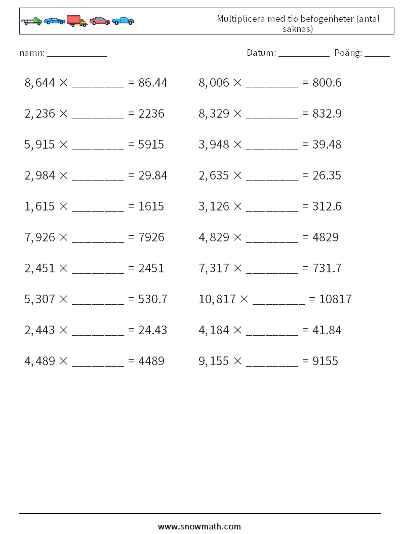 Multiplicera med tio befogenheter (antal saknas) Matematiska arbetsblad 11