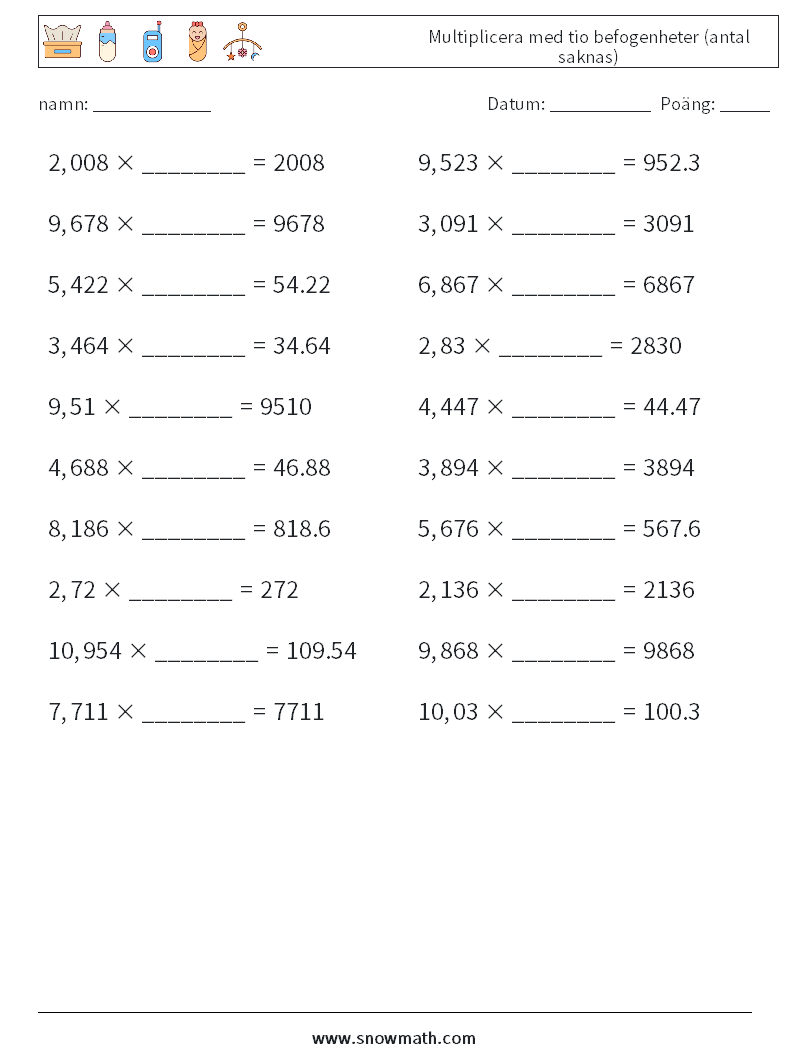 Multiplicera med tio befogenheter (antal saknas) Matematiska arbetsblad 15