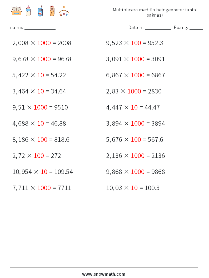 Multiplicera med tio befogenheter (antal saknas) Matematiska arbetsblad 15 Fråga, svar