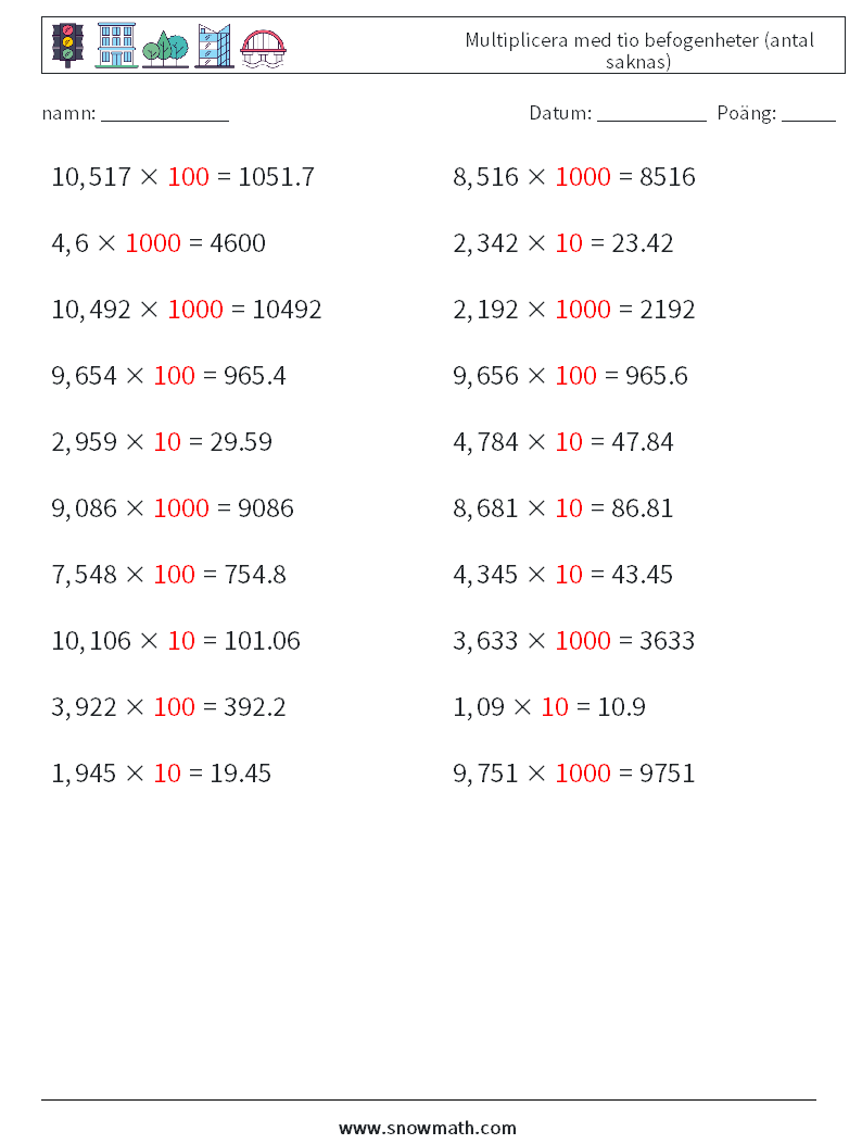 Multiplicera med tio befogenheter (antal saknas) Matematiska arbetsblad 16 Fråga, svar