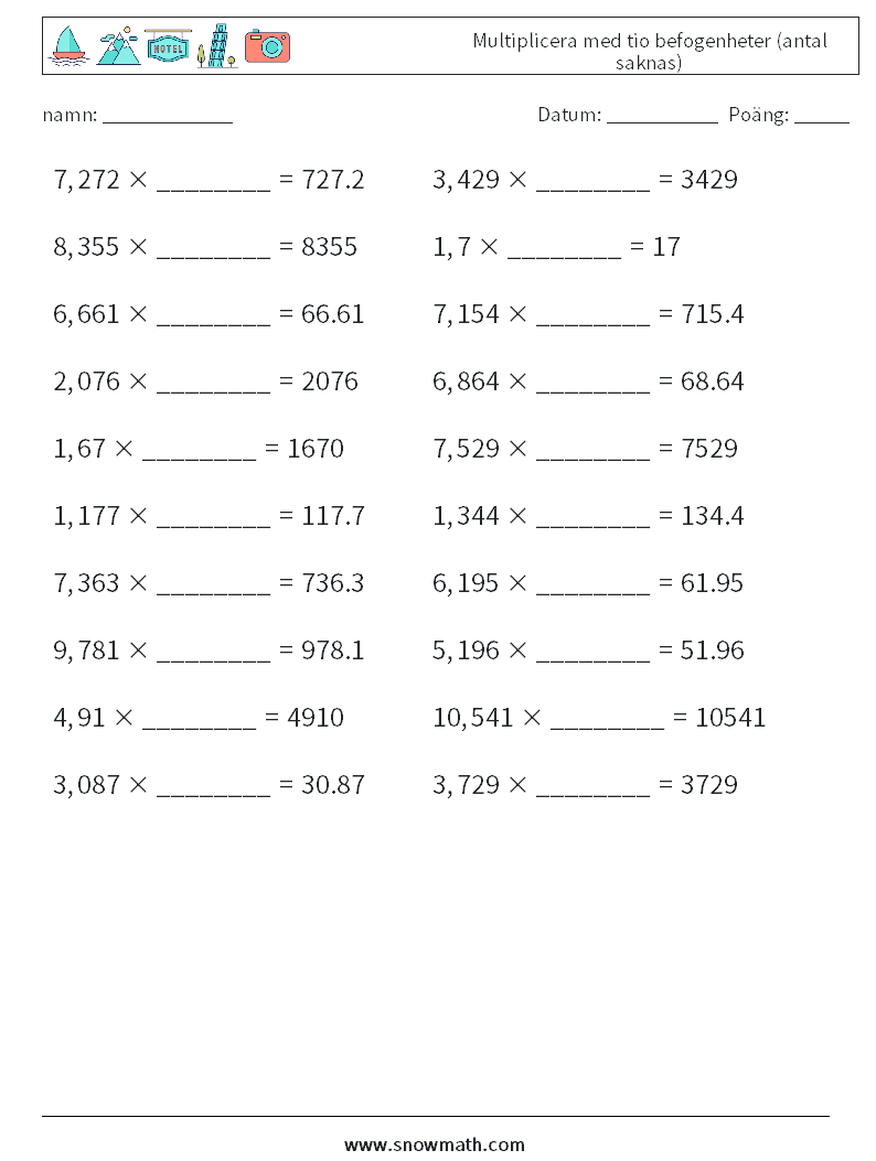 Multiplicera med tio befogenheter (antal saknas) Matematiska arbetsblad 18