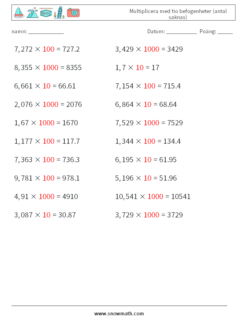 Multiplicera med tio befogenheter (antal saknas) Matematiska arbetsblad 18 Fråga, svar