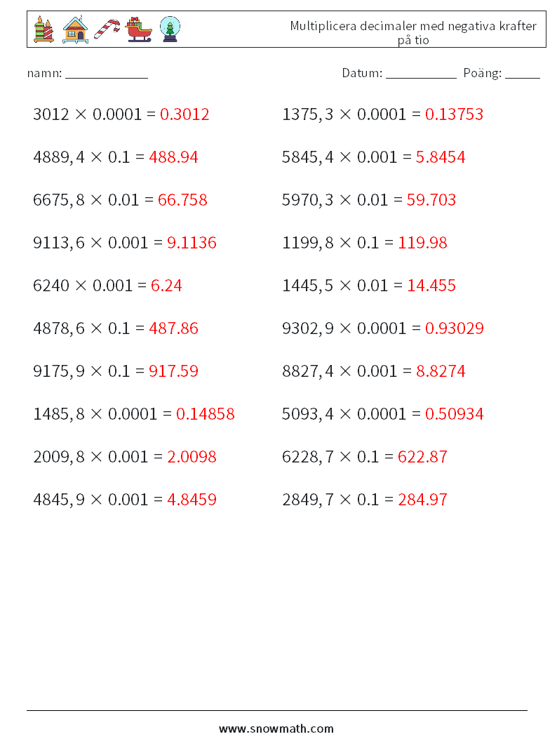 Multiplicera decimaler med negativa krafter på tio Matematiska arbetsblad 11 Fråga, svar