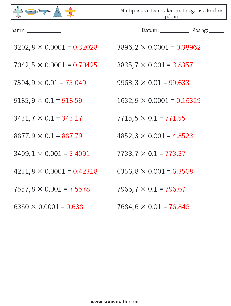 Multiplicera decimaler med negativa krafter på tio Matematiska arbetsblad 12 Fråga, svar